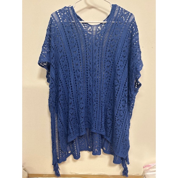 Sweaters - Womens Royal Blue Crochet Knit Poncho Tassel Tie Side Beach Cover Up Top Large